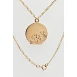 A 9CT YELLOW GOLD LOCKET AND CHAIN, the circular locket with scrolling engraved detail, hallmarked