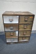 A VINTAGE WOODEN WORKSHOP CHEST OF EIGHT DRAWERS, width 66cm x depth 48cm x height 85cm (condition -