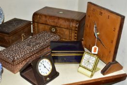A GROUP OF CLOCKS AND VARIOUS BOXES, to include a Le-Coultre 8-day travel alarm clock in cream