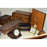 A GROUP OF CLOCKS AND VARIOUS BOXES, to include a Le-Coultre 8-day travel alarm clock in cream