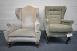 AN EARLY 20TH CENTURY GEORGIAN STYLE BEIGE UPHOLSTERED WING BACK ARMCHAIR, along with a Sherbourne