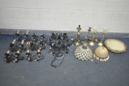 A QUANTITY OF LIGHTING, to include a gothic wrought iron set, including a six branch chandelier, and