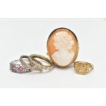 AN ASSORTMENT OF 9CT GOLD AND YELLOW METAL JEWELLERY, to include a 9ct yellow gold cameo brooch,