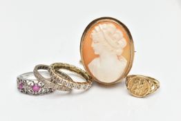 AN ASSORTMENT OF 9CT GOLD AND YELLOW METAL JEWELLERY, to include a 9ct yellow gold cameo brooch,