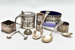 A SELECTION OF SILVERWARE, to include a late Victorian silver pepperette, hallmarked 'Thomas