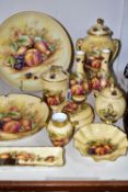 TWELVE PIECES OF AYNSLEY ORCHARD GOLD GIFTWARES ETC, to include a twin handled covered vase height