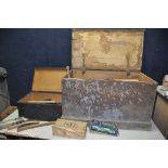 TWO VINTAGE WOODEN CHESTS CONTAINING VINTAGE AND MODERN TOOLS to include spanners, vintage Stanley