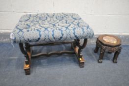 A VICTORIAN WALNUT FOOSTOOL, with blue buttoned fabric, on a shaped base, width 59cm, along with a