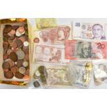 A SMALL BOX OF WORLD COINS AND AN NUMBER OF BANKNOTES, Austrian 1950s 60s Schilling coins, a few