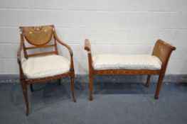 A REPRODUCTION CONTINENTAL STAINED WINDOW SEAT, painted marquetry detail, bergère seat and arms,