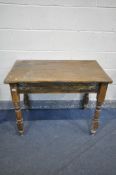 A VICTORIAN PINE KITCHEN TABLE, with a single drawer, on turned legs, length 96cm x depth 56cm x