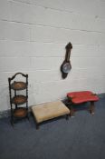 A 20TH CENTURY HARDWOOD CAMEL STOOL, a mahogany aneroid barometer, a folding oak cake stand and a
