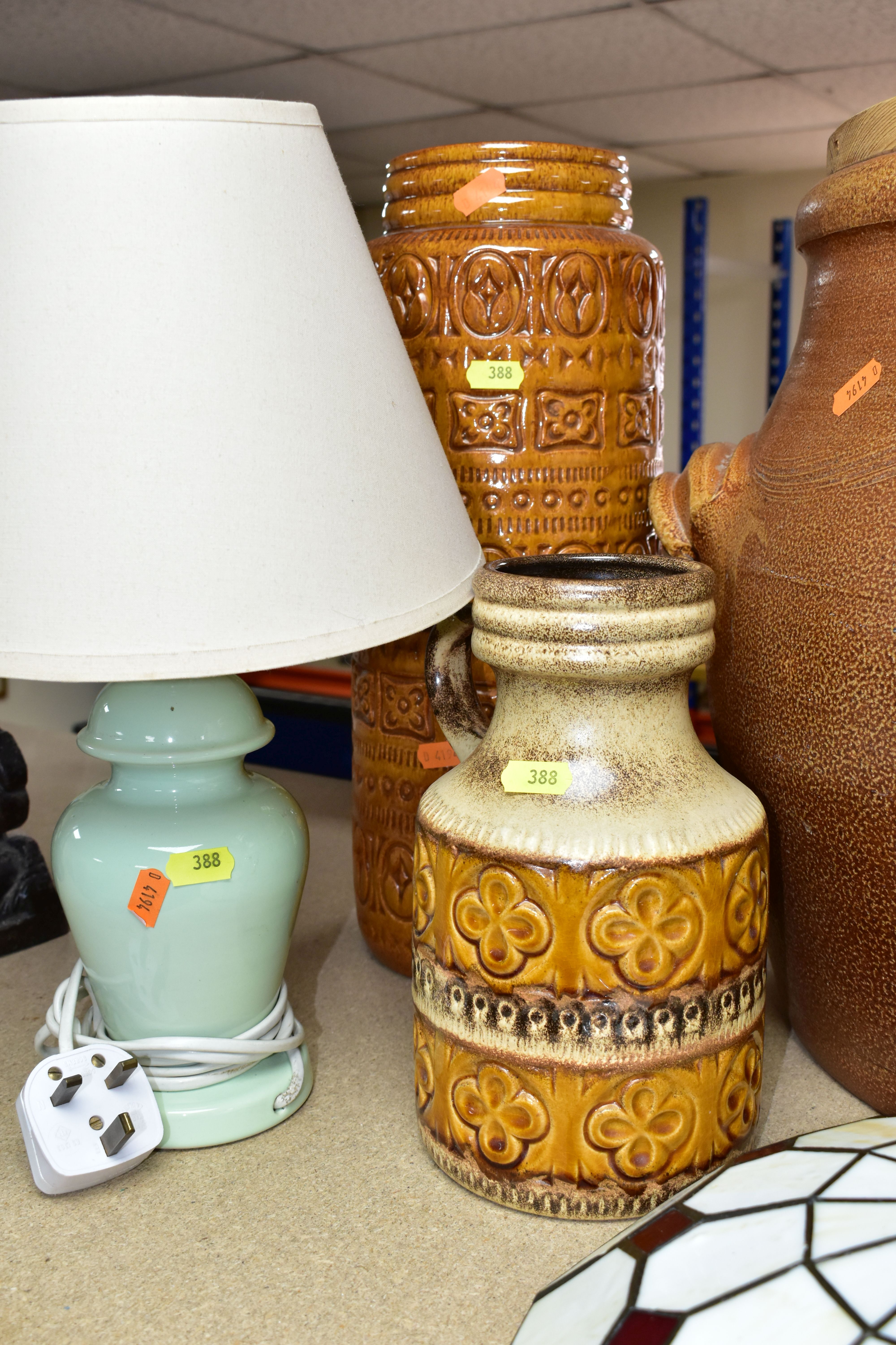 A LARGE STONEWARE BRAED CROCK WITH WOODEN COVER, TWO WEST GERMAN POTTERY VASES, FOUR TABLE LAMPS, - Image 4 of 5