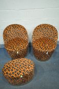 A PAIR OF LEOPARD SKIN STYLE UPHOLSTERED CHAIRS, with metal rim to bottom, and a matching pouffe (