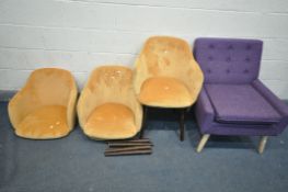 A PURPLE UPHOLSTERED CHAIR, on beech legs, a set of three yellow upholstered tub chairs, and a