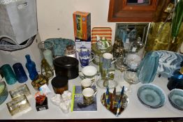A COLLECTION OF DECORATIVE HOUSEHOLD SUNDRIES, comprising a large ornamental glass jar, height 72cm,