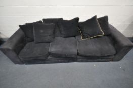 A BLACK UPHOLSTERED SOFA, length 253cm x depth 90cm x height 70cm (condition:-in need of cleaning)