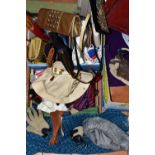 THREE BOXES OF LADIES HANDBAGS, SCARVES AND GLOVES, to include an Ayers Rock Tilley style hat with