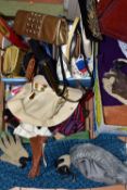 THREE BOXES OF LADIES HANDBAGS, SCARVES AND GLOVES, to include an Ayers Rock Tilley style hat with