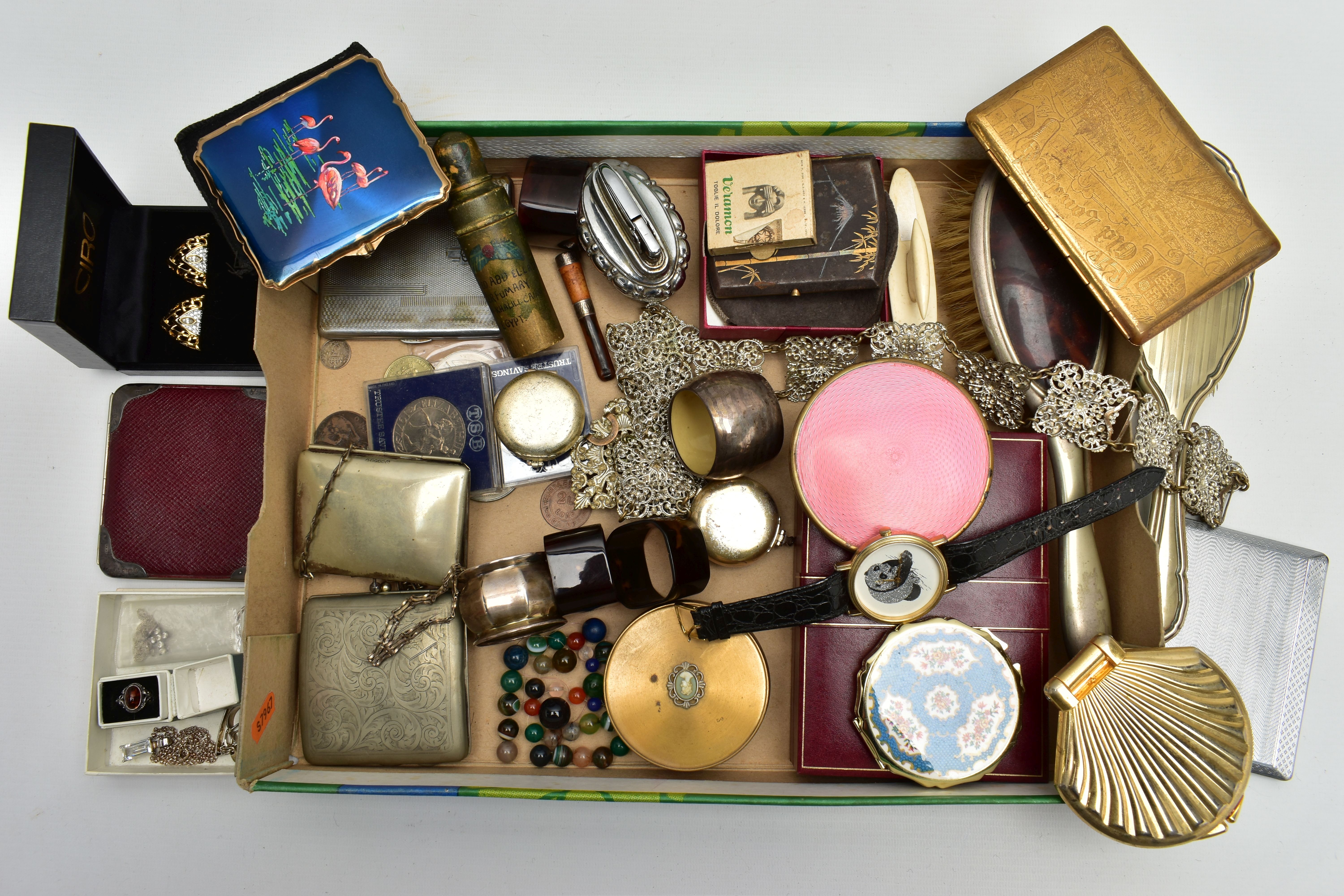 A BOX OF ASSORTED SILVER AND OTHER ITEMS, to include a silver napkin ring with machine turned