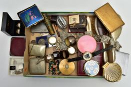 A BOX OF ASSORTED SILVER AND OTHER ITEMS, to include a silver napkin ring with machine turned