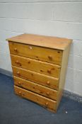 A PINE CHEST OF FIVE LONG DRAWERS, width 83cm x depth 44cm x height 108cm (condition:-one loose