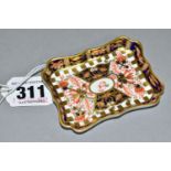 A ROYAL CROWN DERBY IMARI PIN DISH, of rectangular form, with wavy edge, red printed backstamp and