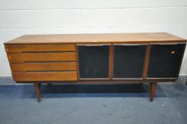 A MID-CENTURY TEAK SIDEBOARD, with four drawers, half of the top drawer with green baize lining