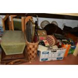 TWO BOXES AND LOOSE SUNDRIES, to include four large wooden trays, a pine framed dressing table