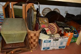 TWO BOXES AND LOOSE SUNDRIES, to include four large wooden trays, a pine framed dressing table