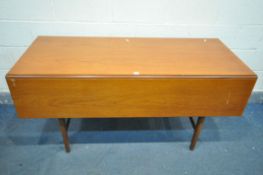 A MID CENTURY TEAK DINING TABLE, with a single drop leaf, length 153cm x open depth 92cm x closed