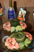 A PAIR OF MOORCROFT POTTERY CANDLESTICKS AND TWO ROYAL WORCESTER COMMEMORATIVE CANDLE SNUFFERS,