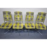 A SET OF FOUR MID CENTURY SWIVEL DINING CHAIRS, with chrome frames (condition - all four have been