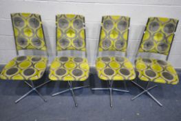 A SET OF FOUR MID CENTURY SWIVEL DINING CHAIRS, with chrome frames (condition - all four have been