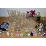 A QUANTITY OF COLOURED GLASS AND CUT CRYSTAL, comprising a pair of Stuart Crystal brandy glasses,