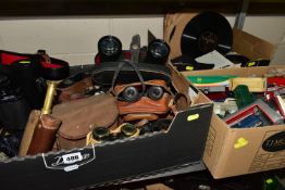 THREE BOXES OF BINOCULARS, 45 RECORDS, C.DS AND DIECAST CARS, to include over fifty 45 records