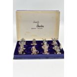 A CASED SET OF MID 20TH CENTURY WHITE METAL PLACE CARD HOLDERS, to include a collection of twelve