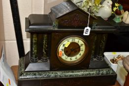 A VICTORIAN BLACK SLATE AND MARBLE MANTEL CLOCK, with pendulum and five keys, brass framed face,