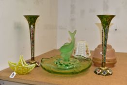A GROUP OF COLOURED GLASSWARE, comprising two glass ceiling shades, a small yellow uranium glass