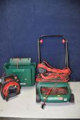 A QUALCAST CONCORDE32 LAWN MOWER with grass box along with a 30 metre garden extension reel (both