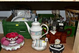 TWO BOXES OF CERAMICS AND ORNAMENTS, to include a Royal Grafton 'Sumatra' pattern coffee pot , two