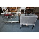 A SILVER PAINTED AND MIRRORED FOUR DOOR SIDEBOARD, width 136cm x depth 40cm x height 93cm, along