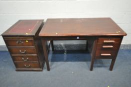 A 1940'S OAK DESK, with three drawers, width 122cm x depth 69cm x height 76cm, and a mahogany two