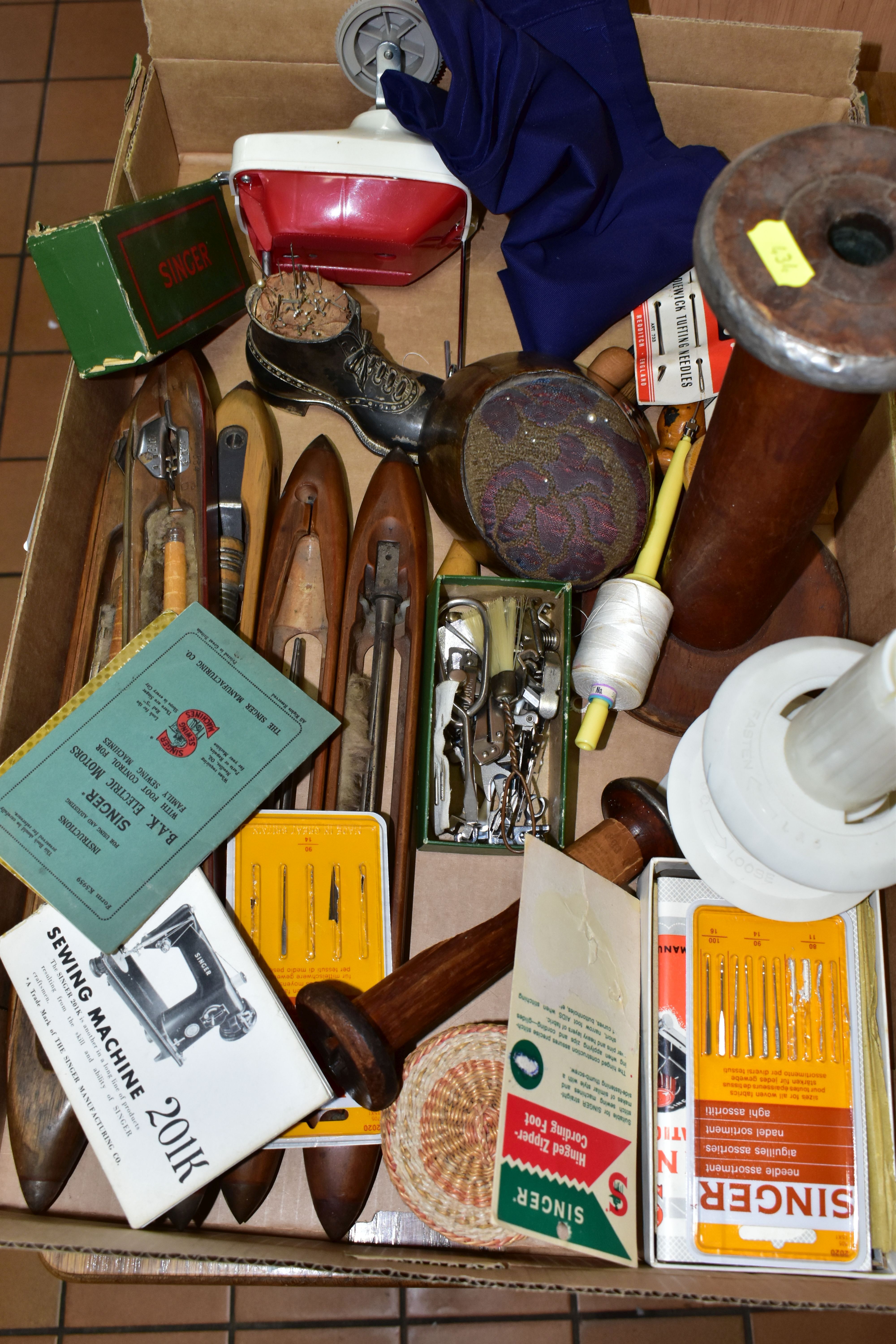 A BOX OF LACE MAKING BOBBINS, EARLY WOODEN MILL SPINDLES AND SEWING SUNDRIES, comprising over one - Image 3 of 3