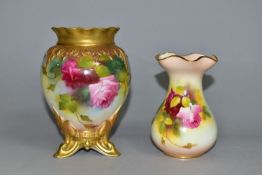 TWO ROYAL WORCESTER VASES, painted with roses, comprising a small vase with wavy gilt rim, shape