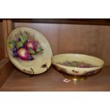 TWO AYNSLEY ORCHARD GOLD PEDESTAL BOWLS, with printed fruit on a cream ground, the central image