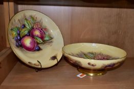 TWO AYNSLEY ORCHARD GOLD PEDESTAL BOWLS, with printed fruit on a cream ground, the central image