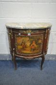 A 20TH CENTURY FRENCH LOUIS XV MAHOGANY DEMI LUNE COMMODE, with brass mounts, painted landscape to