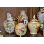 FOUR ROYAL WORCESTER BLUSH IVORY VASES, printed and painted with flowers, comprising a covered