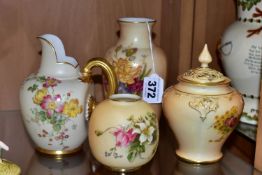 FOUR ROYAL WORCESTER BLUSH IVORY VASES, printed and painted with flowers, comprising a covered